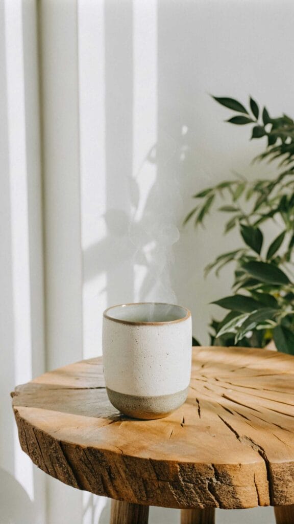 Ceramic mug of hot coffee on a rustic wooden table in natural sunlight.