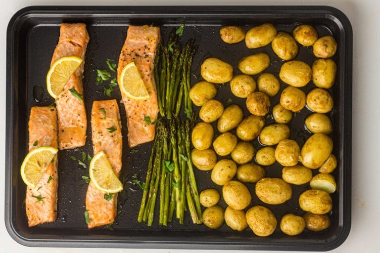 Sheet pan salmon with lemon, asparagus, and roasted baby potatoes