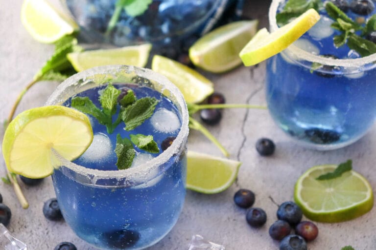 Blueberry mojito mocktail with lime slice, mint leaves, and ice in a sugar-rimmed glass.